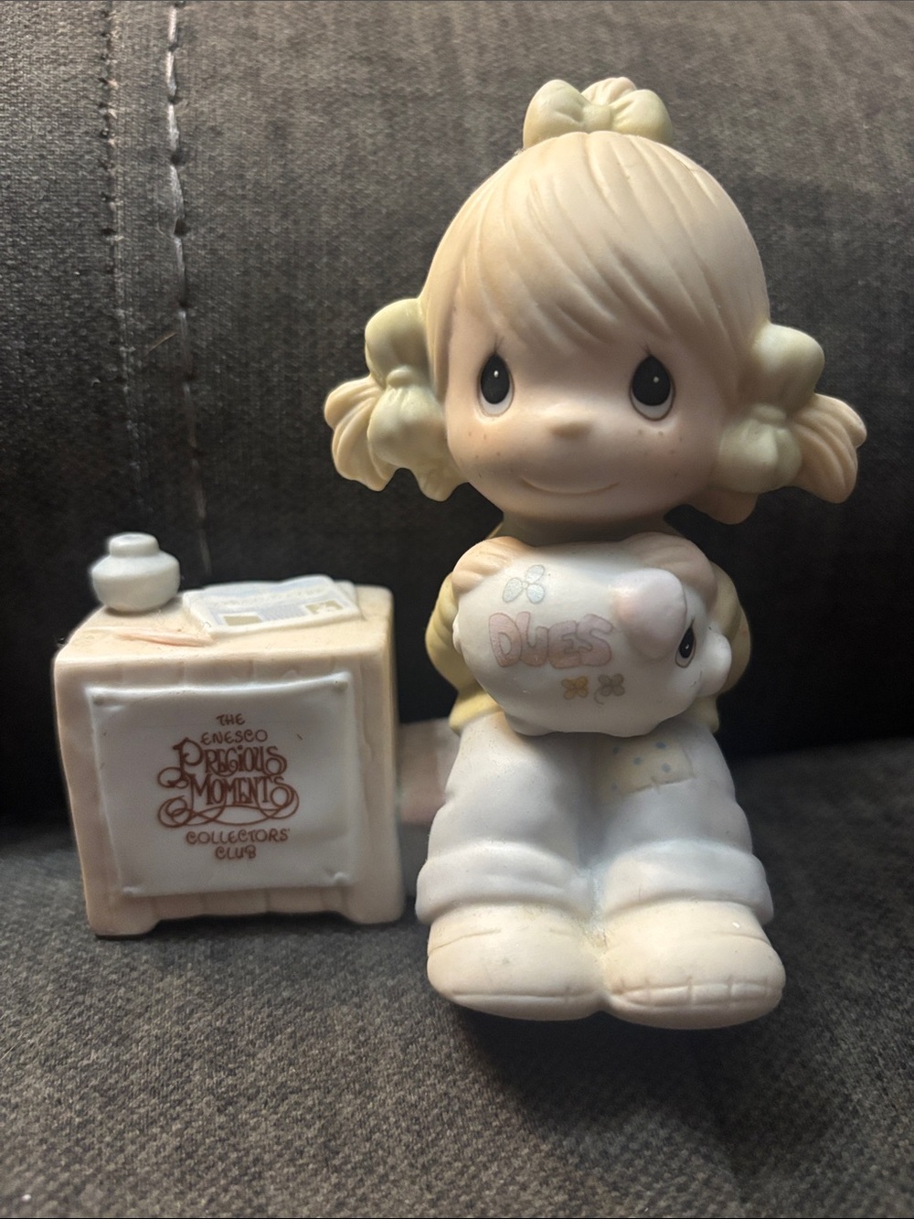 Vintage 1983 Precious Moments Blonde Girl Figurine Holding 'Dues' piggy bank